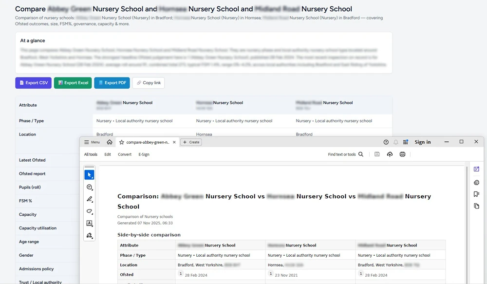 School comparison export screenshot