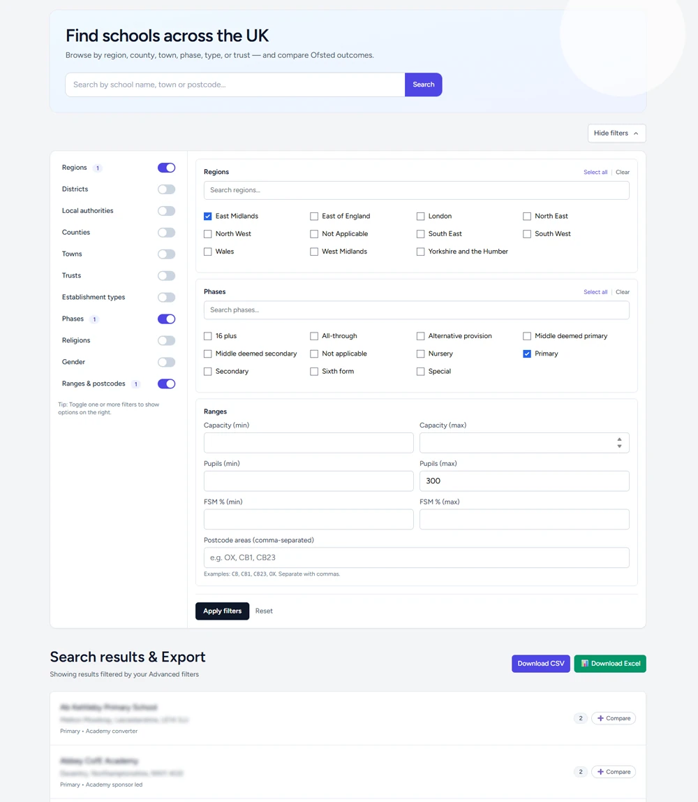 Advanced filter & export tool screenshot